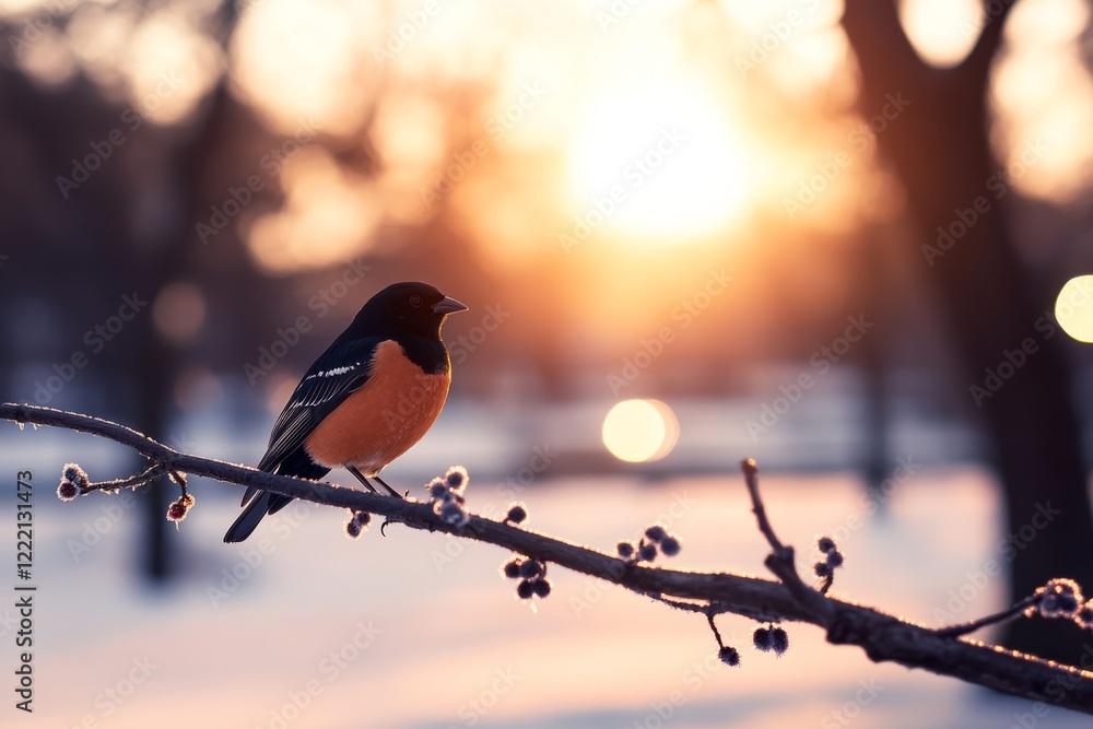 Poster a delicate bird rests on a frost-covered branch, surrounded by soft snow in a tranquil winter landsc
