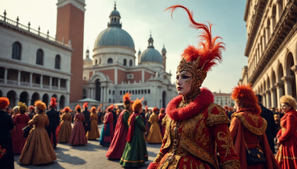 Fototapeta premium Dazzling masked performers in vibrant costumes at a Venetian carnival in a historic square