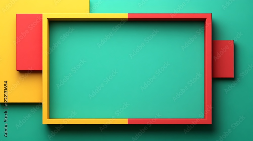 Poster colorful geometric shapes with empty frame on teal background for modern design and creative project