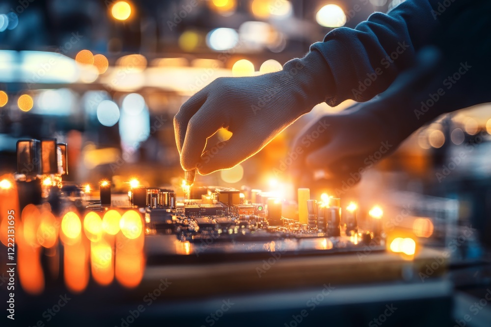 Poster Gloved hands of a factory worker carefully test a circuit board on a well-lit workbench, surrounded by neatly organized tools in a manufacturing environment