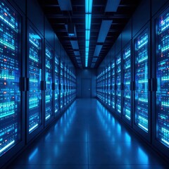 Futuristic server room; glowing blue data streams, software, technology background, wires