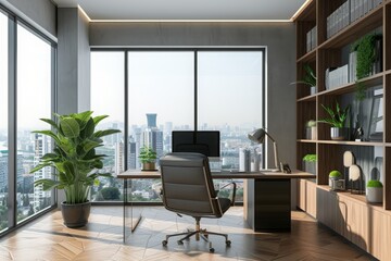Modern home office interior featuring sleek furniture, a large window with a city view, and green plants, perfect for productive work during the day