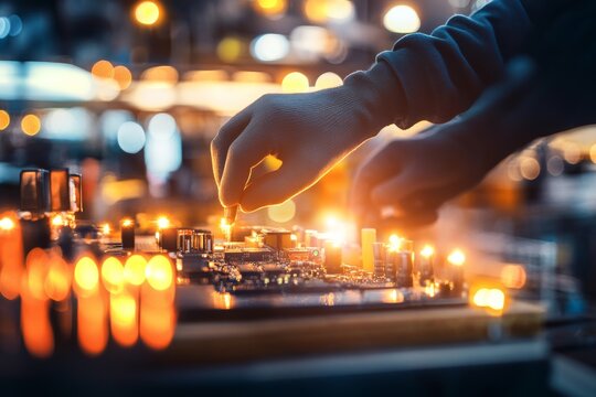 Gloved hands of a factory worker carefully test a circuit board on a well-lit workbench, surrounded by neatly organized tools in a manufacturing environment