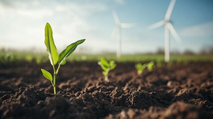 Sustainable Future: A vibrant green sprout bursts forth from fertile soil, with a backdrop of wind turbines, symbolizing a harmonious blend of nature and renewable energy. 