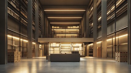 Modern warehouse interior with high shelves. Illustrates efficient storage and logistics.