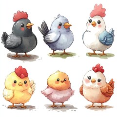 Six Cute Cartoon Chickens Different