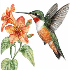 Obraz premium Vibrant Hummingbird in Flight Approaching Beautiful Orange Flower with Green Leaves on a Clean White Background