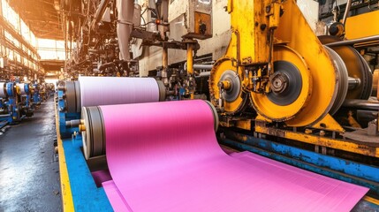 Fototapeta premium Textile factory production floor with large machines, bright rolls of fabric moving through, vibrant colors and a sense of industrial motion