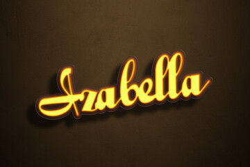 Yellow Neon Light Text Effect of name Izabella on Golden background.