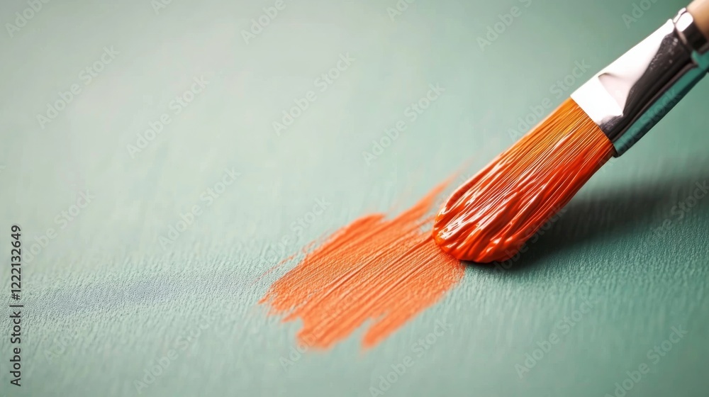 Poster bright orange paint is being applied to a soft pastel green surface using a brush, showcasing dynami