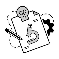 Science Research Icon – Microscope with Document, Gear, and Pencil Representing Scientific Study Planning
