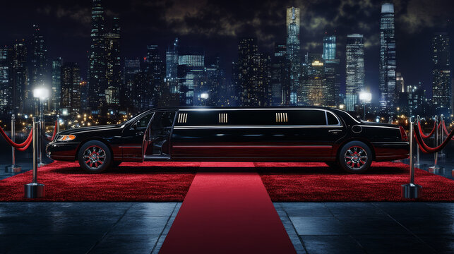 Luxury black limousine car with closed door near empty red carpet with rope barrier against night cityscape background. Celebrity arrival at vip party or awarding ceremony. Cartoon vector illustration