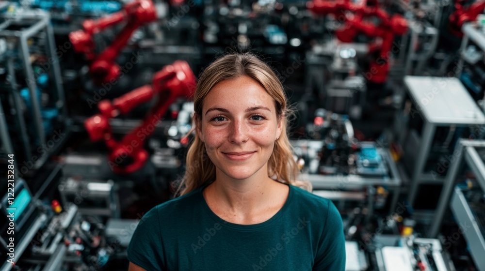 Poster smiling female engineer in smart factory with robotics