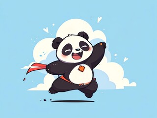 Joyful Panda Superhero Soaring Through Clouds