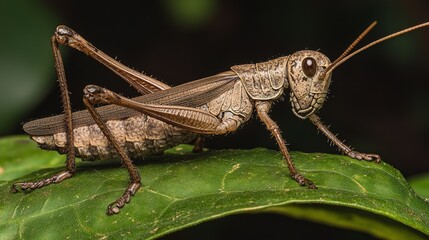 close up a the green grasshopper has no wings yet on the green leaves

