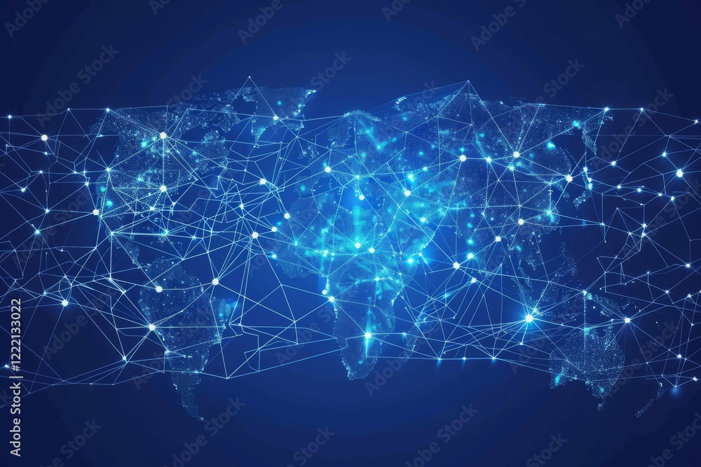 Poster a digital representation of a global polygon world map highlighting blockchain technology and its in