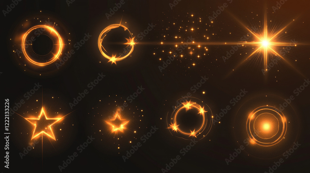 Poster twinkles and flares with glowing effect on black background. realistic vector set of luminous star f