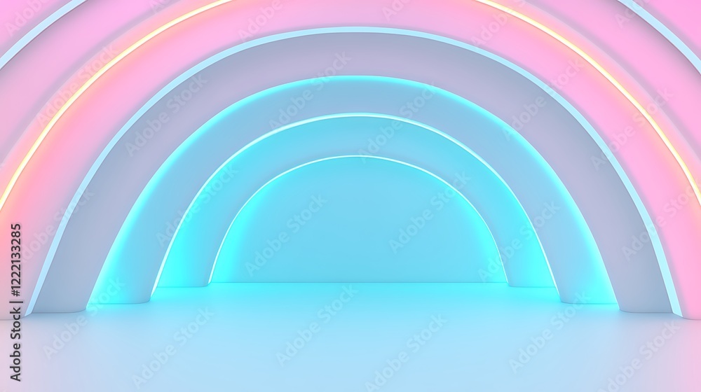 Poster colorful neon arches with soft glow in modern empty studio space for creative background design