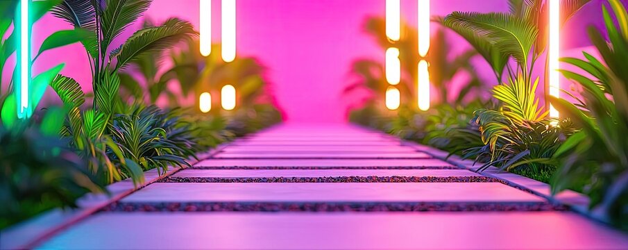 Water conservation gardening idea. A vibrant pathway surrounded by lush plants and colorful lights creates a serene atmosphere.