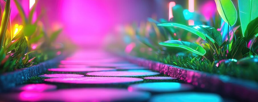 Water conservation gardening idea. A vibrant garden pathway illuminated by colorful neon lights and lush greenery.