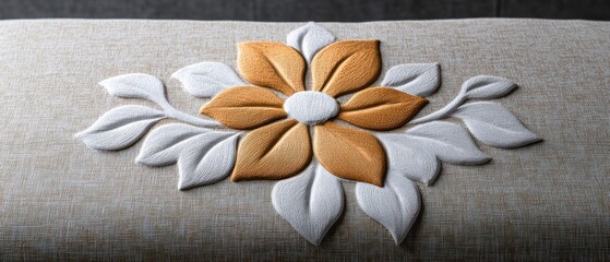 Elegant Golden   White Floral Damask Embroidery on Beige Fabric