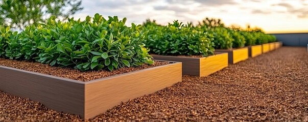 Water conservation gardening idea. Lush green plants grow in wooden planter boxes under a golden sunset sky.