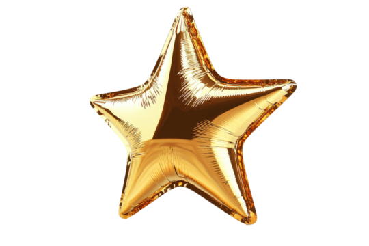 A shiny, golden, star-shaped balloon floats against a transparent background, symbolizing celebration and festivity.