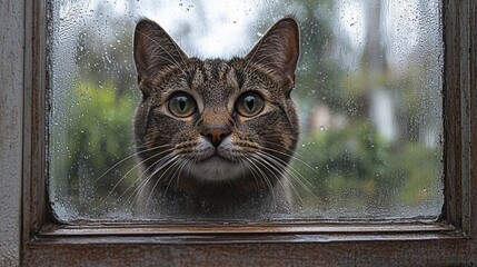 Tabby cat looking through a rainy window on a gray day with green background