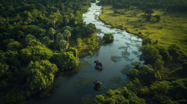 African forest elephant (Loxodonta cyclotis) and the Lekoli River. Odzala-Kokoua National Park. Cuvette-Ouest Region. Republic of the Congo