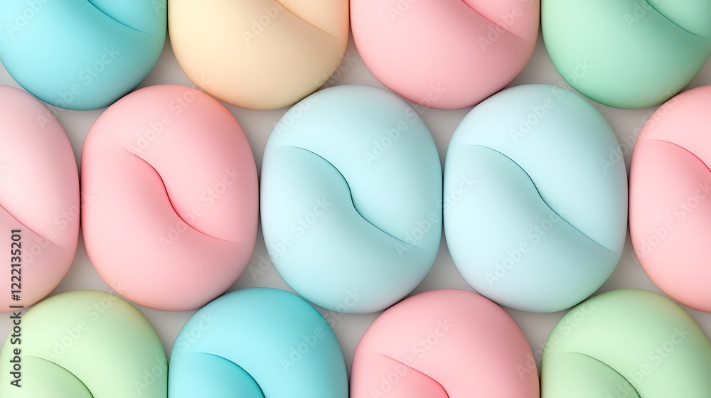 Poster colorful soft pastel donuts with smooth surfaces arranged in a pattern on a light background