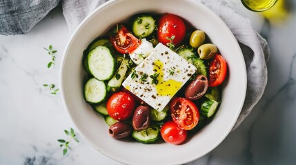 A bowl of fresh Greek salad with tomatoes, cucumbers, olives