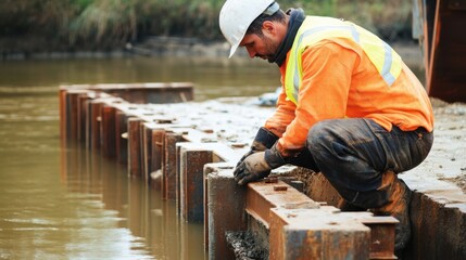 A close-up of a civil engineer inspecting bridge foundations at a river construction site, Bridge foundation inspection scene, Technical and meticulous style