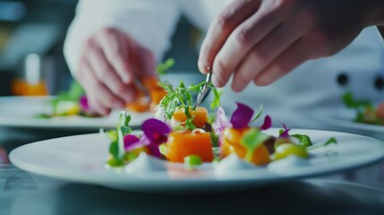A close-up of a chef meticulously plating a gourmet dish in a professional kitchen, Culinary arts scene, Gastronomic expertise style