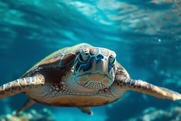 Fototapeta premium A happy sea turtle glides gracefully through the clear blue waters, showcasing vibrant colors while navigating a colorful underwater world full of coral and marine life