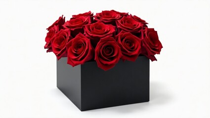 A sleek bouquet of a dozen deep red roses, elegantly arranged in a matte black box, showcasing minimalist sophistication against a crisp white background.