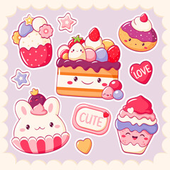 Set of stickers with cute dessert in kawaii style. Cake, muffin, cupcake with whipped cream and strawberry. Inscription Cute, Love. Can be used for t-shirt print, sticker, greeting card. Vector EPS8