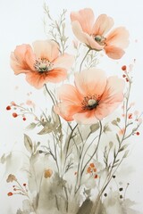Naklejka premium Beautiful Watercolor Floral Arrangement with Peach Poppies and Greenery