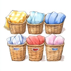 Obraz premium Six wicker baskets with folded colorful blankets and throws.