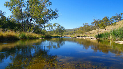 Fototapeta premium Serene river landscape with clear water reflecting trees under a bright blue sky in nature