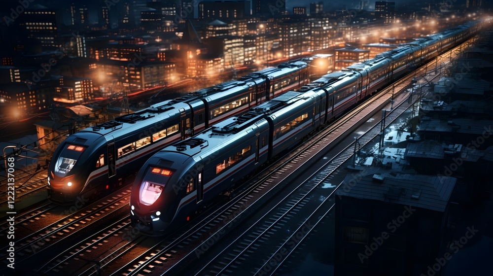 Poster aerial perspective showcasing the intricate network of electric trains running on parallel tracks th