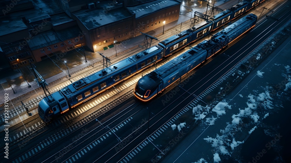 Poster an aerial shot capturing the intricate network of parallel electric trains traversing through the he