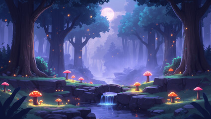 Obraz premium A mystical forest scene at night. Glowing mushrooms illuminate a stone bridge over a tranquil stream under a full moon. Fireflylike lights twinkle throughout the trees.