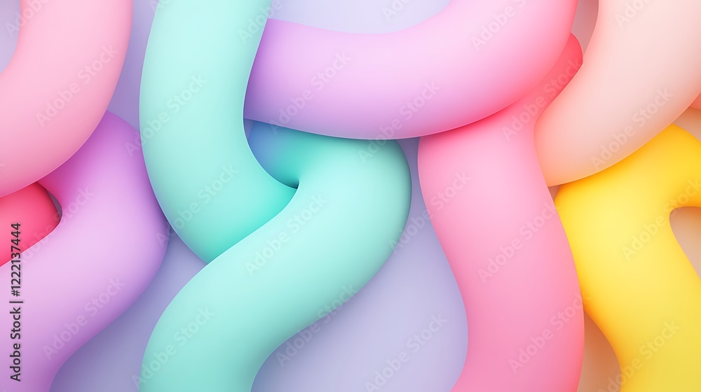 Poster colorful twisted patterns of soft foam shapes in pastel hues on a light background
