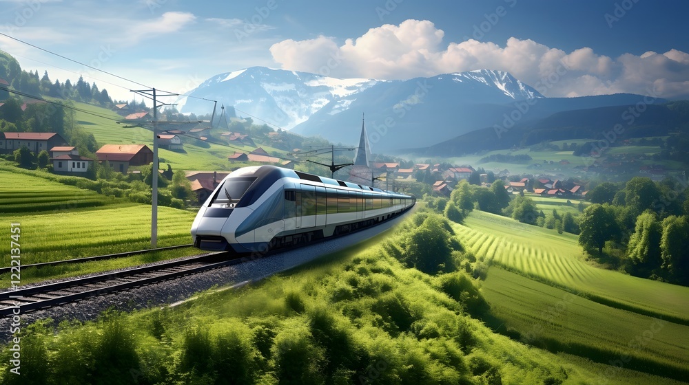 Poster a high speed electric train swiftly passing through a traditional rural village creating a dynamic c
