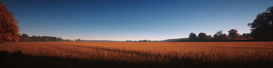 A crisp autumn evening in a rural countryside golden fields stretching under a cool blue sky