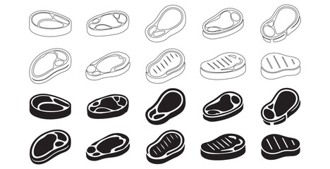 Steak silhoette and outline Icons Set. Vector