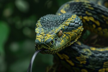 Obraz premium Atheris nitschei snake displaying striking colors and features in a lush jungle environment while preparing to strike its prey during the early morning hours