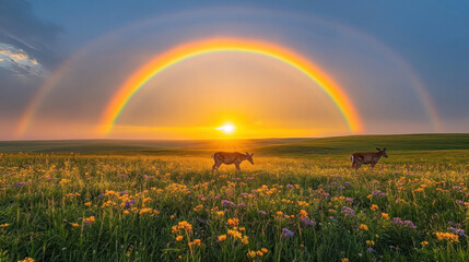 Naklejka premium A full rainbow arching over a meadow filled with grazing deer and wildflowers