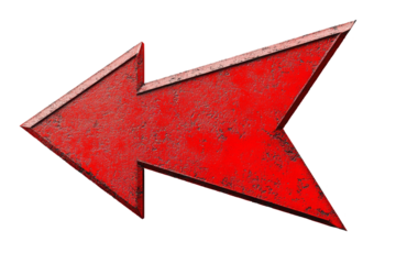 Weathered red left arrow with a textured surface against a transparent background, symbolizing direction or navigation in a rustic and bold style.
