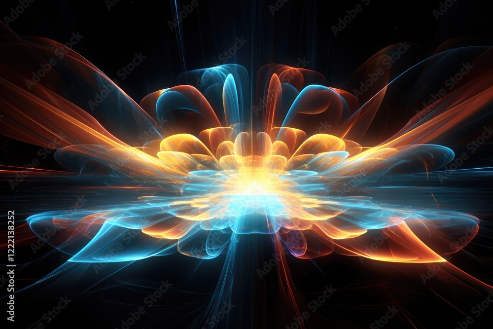 Poster vibrant holographic projection showcasing abstract digital patterns and flowing forms in a dark back